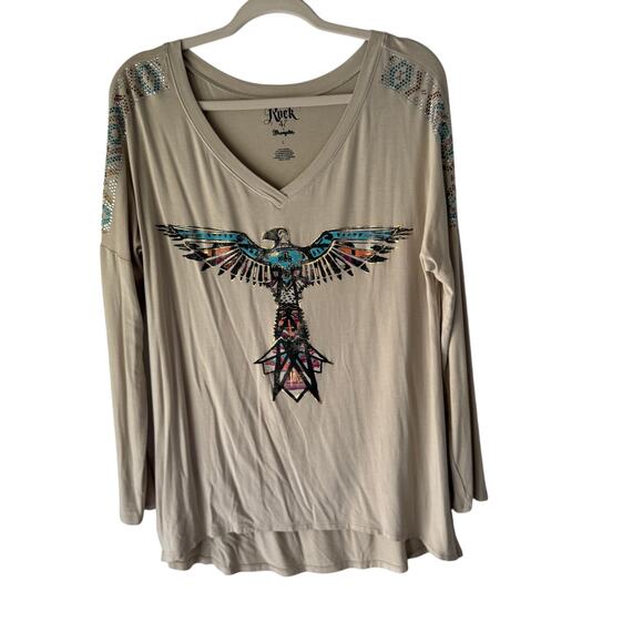 Rock 47 by Wrangler Long Sleeve Top L‎ Thunderbird Aztec Graphic Bling Western - Picture 1 of 8